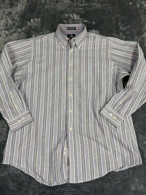 Surrey Mens Button-Down Shirt Gray & White Striped Size 17 34/35 Cotton Blend